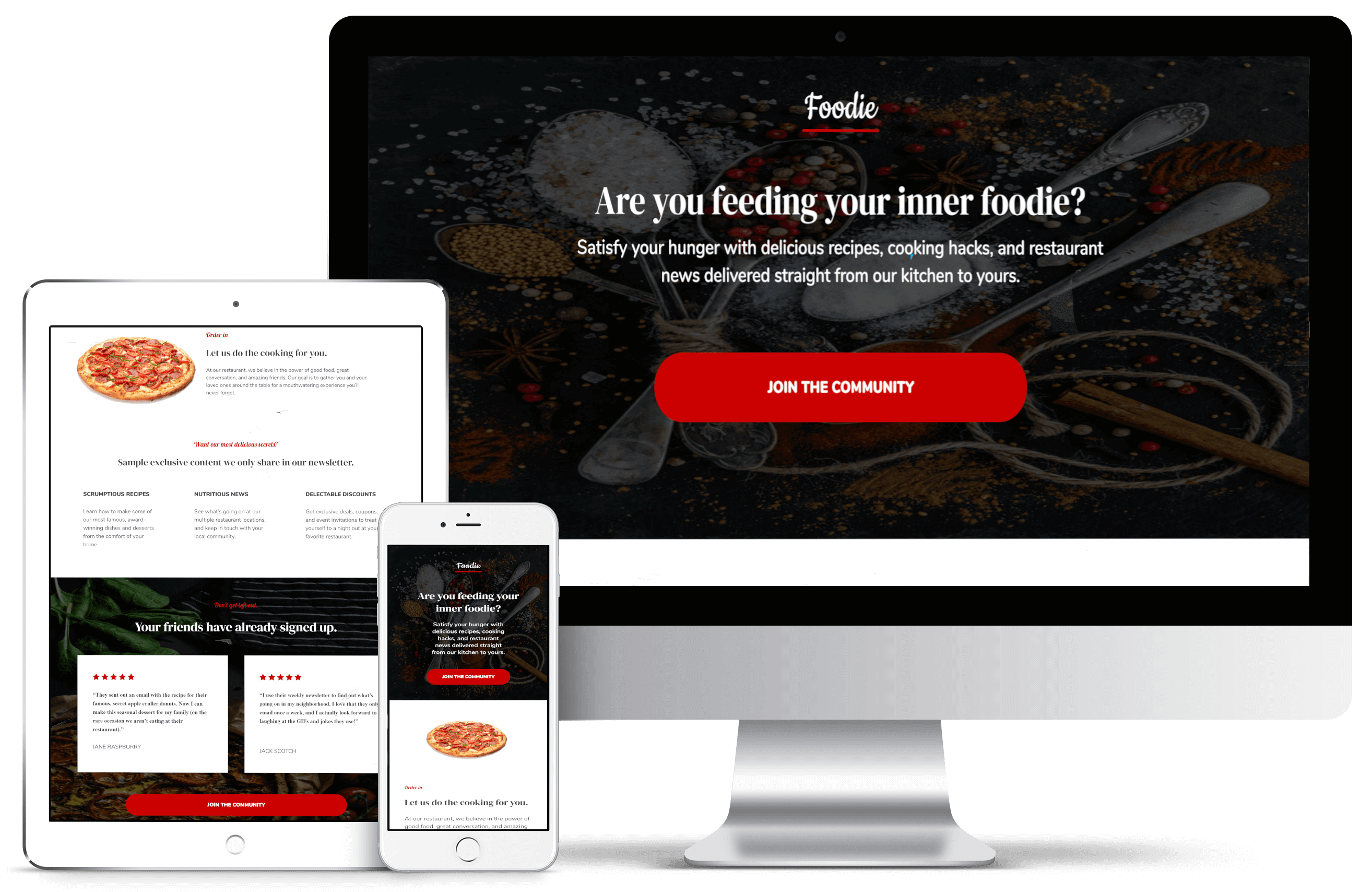 Foodie responsive website for all devices mockup image.